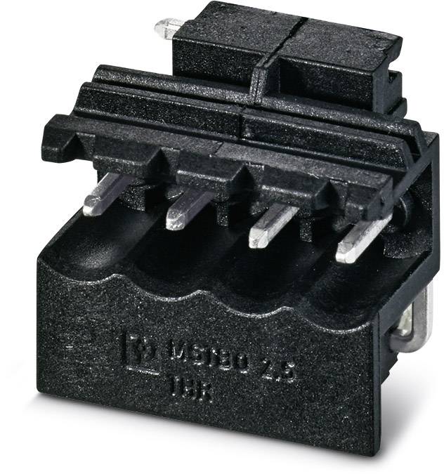 Čierny elektrický konektor s piatimi striebornými kolíkmi. Telo je obdĺžnikového tvaru a vyrobené z plastu.
