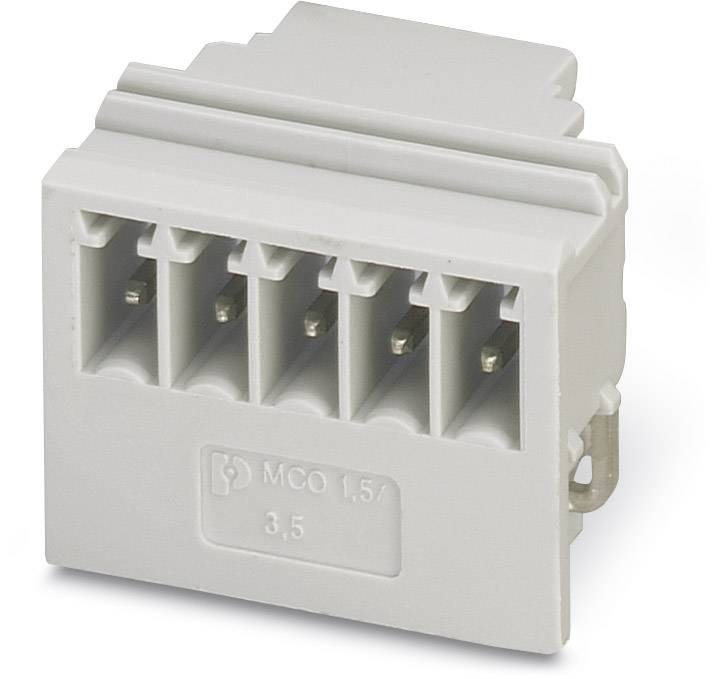 Šedý, obdĺžnikový elektrický konektor s piatimi svorkami, vhodný pre elektrické zapojenie alebo montážne účely.