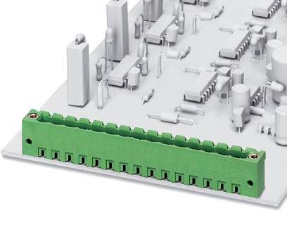 Zelená svorka na bielej doske plošných spojov s rôznymi elektronickými komponentmi.