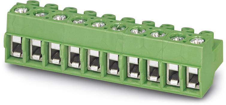 Zelený elektrický konektor s viacerými kovovými kontaktmi pre pripojenie káblov v elektronických zariadeniach.