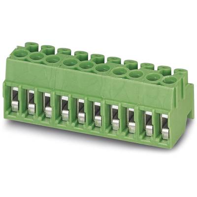 Zelený, viacpólový svorkovnicový blok so skrutkovými svorkami, typický pre zapojenie v elektronických zariadeniach.