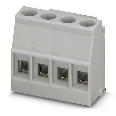 Šedý plastový rozvádzač so štyrmi štvorcovými otvormi hore a štrbinami dole na upevnenie vodičov v elektrických spojoch.