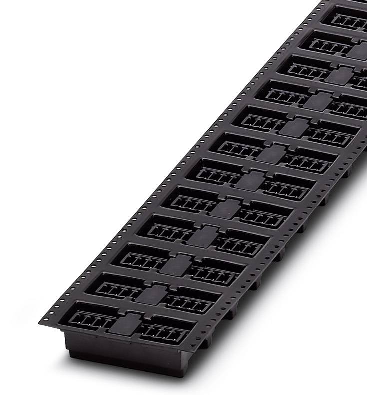 Namontované ako rad čiernych obdĺžnikových konektorov v dlhom, úzkom racku.