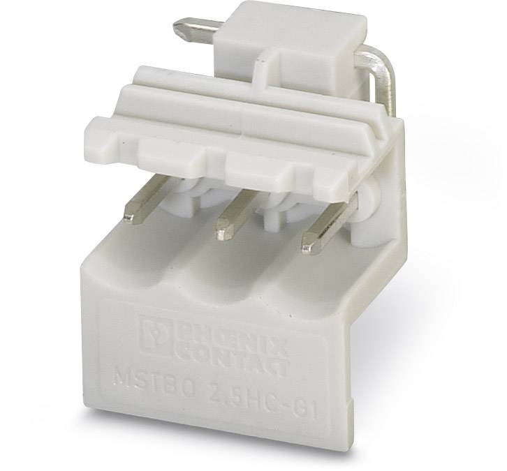 Biely elektrický konektor s tromi kovovými kolíkmi, vhodný pre inštaláciu do elektrických alebo elektronických zariadení.
