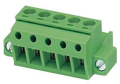 Zelený elektrický konektor s piatimi vývodmi a dvoma bočnými skrutkami na upevnenie. Používa sa pre elektrické obvody.