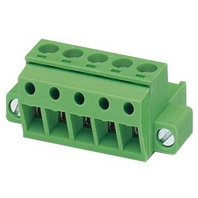 Zelený elektrický konektor s piatimi vývodmi a dvoma bočnými skrutkami na upevnenie. Používa sa pre elektrické obvody.