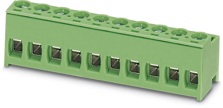 Zelený elektrický konektor s viacerými svorkami, vhodný pre montáž na dosky plošných spojov alebo iné elektrické aplikácie.