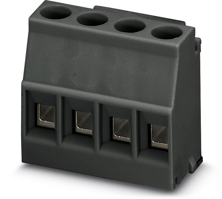Elektrická svorka so štyrmi pripojeniami, vhodná pre vodiče. Čierne púzdro s kruhovými otvormi na vrchu.