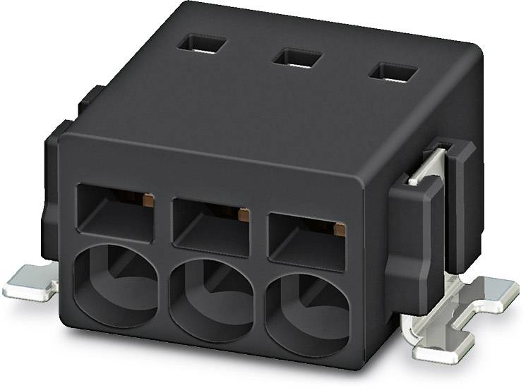 Čierny, obdĺžnikový elektrický konektor s tromi štvorcovými otvormi a bočnými kovovými svorkami.