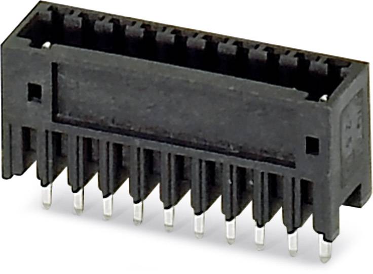 Čierny, obdĺžnikový elektronický konektor s viacerými kovovými kolíkmi dole, používaný na pripojenie zariadení alebo dosiek plošných spojov.