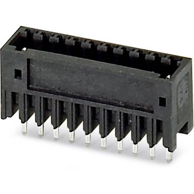 Čierny, obdĺžnikový elektronický konektor s viacerými kovovými kolíkmi dole, používaný na pripojenie zariadení alebo dosiek plošných spojov.