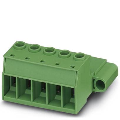 Zelený elektrický konektor s piatimi slotmi, horizontálne orientovaný, určený na káblové pripojenia v elektronických zariadeniach.