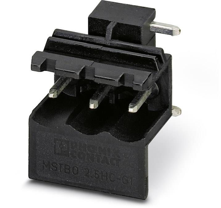 Čierny elektrický konektor s tromi kovovými kolíkmi a plastovým krytom, vhodný pre priemyselné použitie.