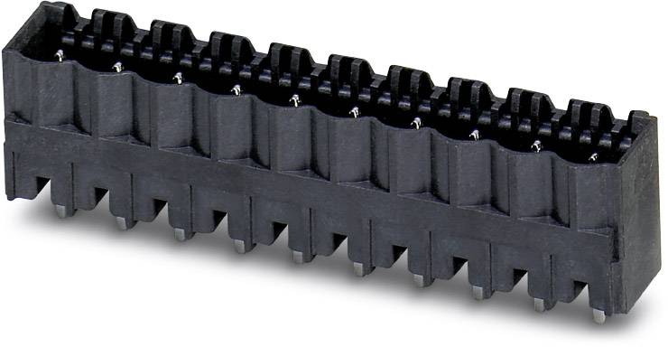 Čierny, podlhovastý konektor pre elektronické obvody, s viacerými pinmi na prepojenie elektrických komponentov.