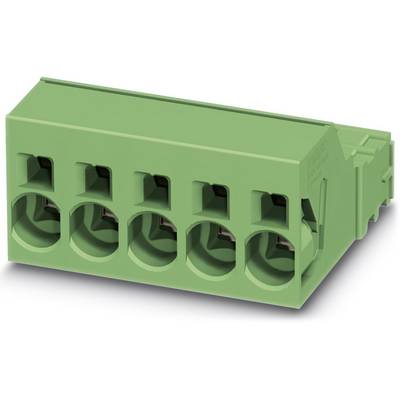 Päťpólový zelený konektor so štvorcovými otvormi, používaný pre elektrické prepojenia a rozvodné panely.