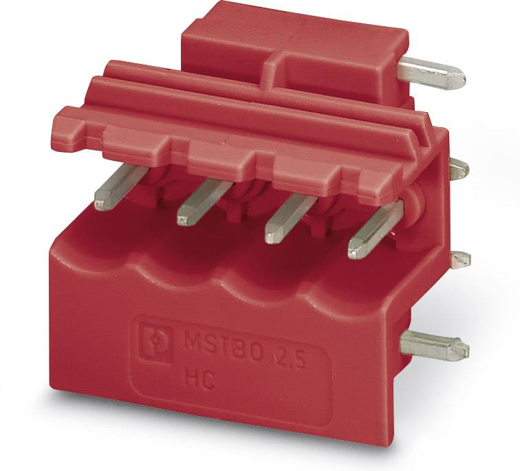 Červený elektronický konektor s viacerými kovovými pinmi, s nápisom 'MSTB 2,5 HC', vhodný pre zapojenie alebo elektrické prepojenia.