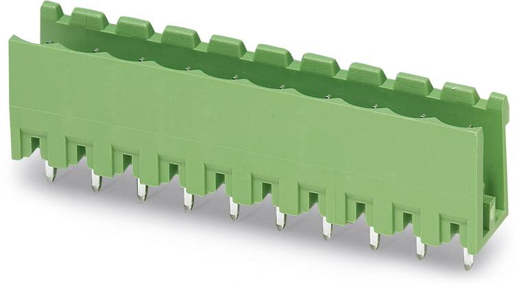 Zelený konektor s viacerými kovovými pinmi, vhodný pre dosky plošných spojov v elektronických aplikáciách.