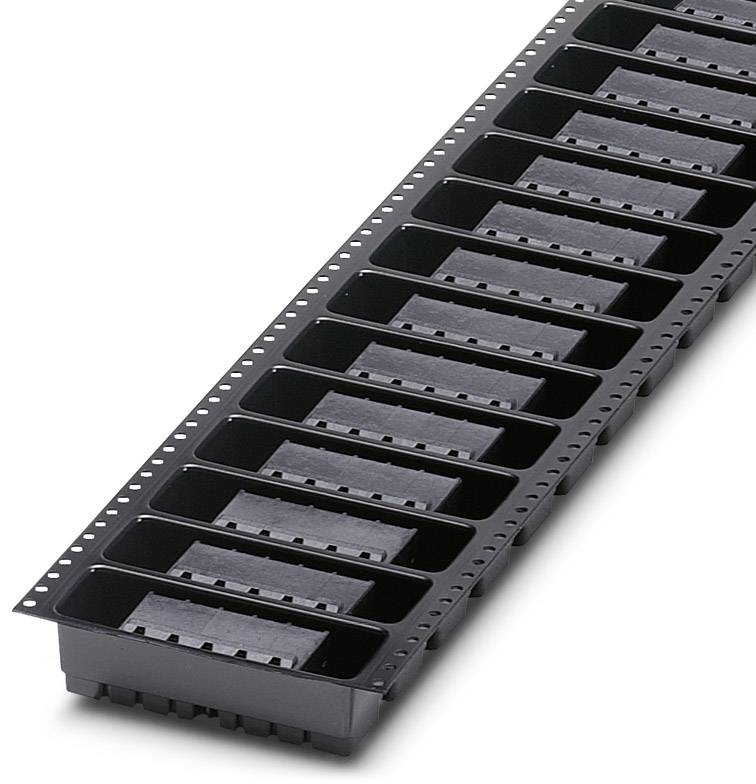 'SMD balenie so zásobníkmi na komponenty v čiernej farbe v rade, určené pre automatizované osadzovacie procesy.'