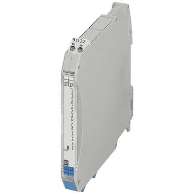 Sivé elektronické zariadenie s modrým podstavcom, označené technickými špecifikáciami. Má obdĺžnikový tvar a bočné konektory.