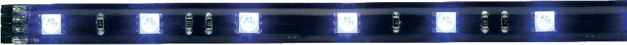 Obraz modrého a bieleho LED svetelného pásu. Niekoľko obdĺžnikových LED lámp je usporiadaných pozdĺž pásu, niektoré svietia.
