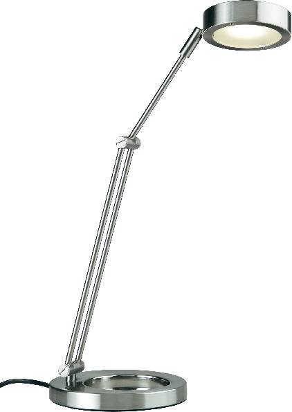 Moderná, strieborná stolná lampa s nastaviteľným ramenom a guľatým tienidlom.