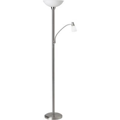 Stojanová lampa s dvoma svetlami: väčšie svetlo v hornej časti a menšie nastaviteľné svetlo na výložníkovom ramene, obe v kovovom prevedení.