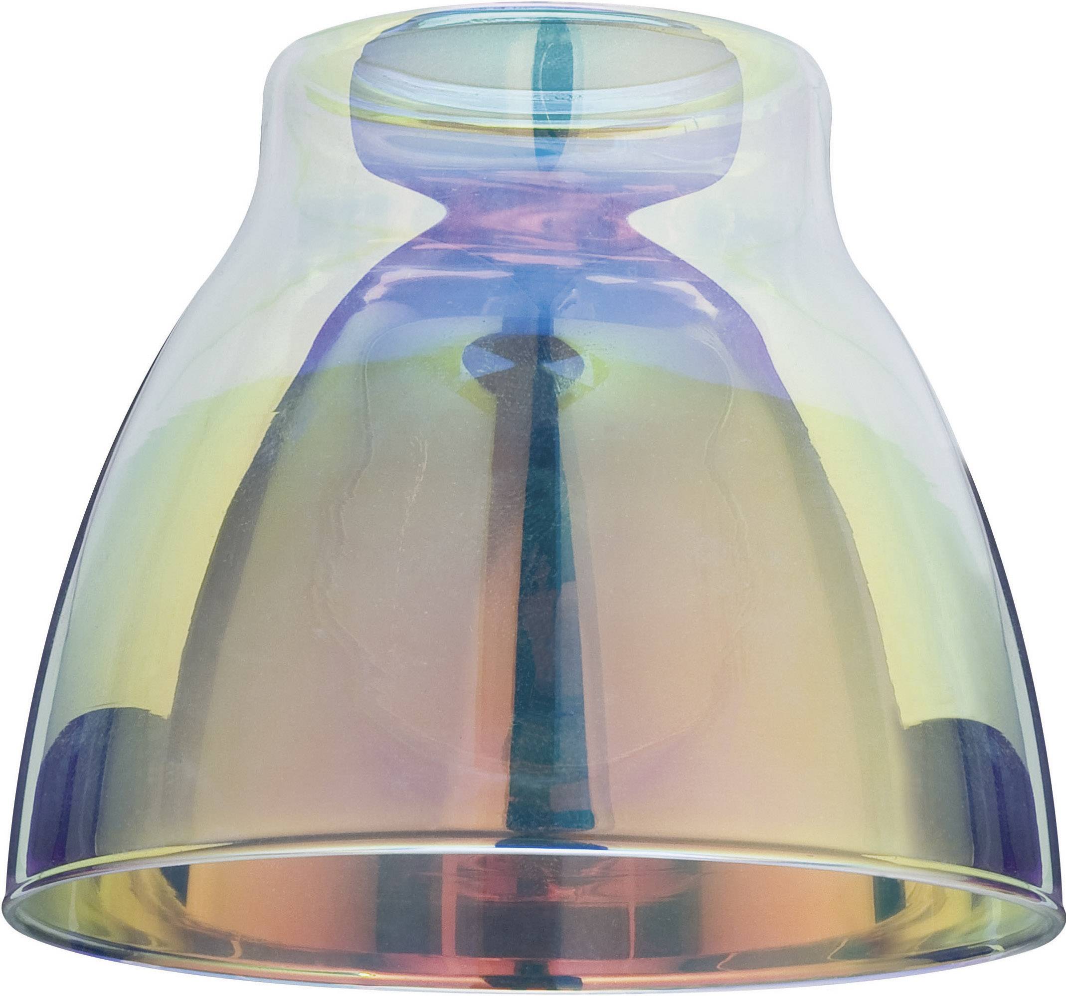 Priehľadné sklo s dúhovým leskom, obrátené hore dnom. Dúhové farby sa odrážajú na jeho povrchu.