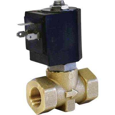 Elektromagnetický ventil z mosadze s čiernym krytom na vrchu. Používa sa na reguláciu toku kvapalín alebo plynov.