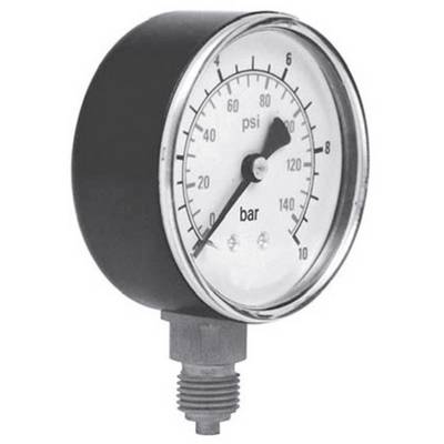 Okrúhly manometer ukazuje tlak približne 120 psi a 8 bar. Ciferník je kalibrovaný v psi a baroch.