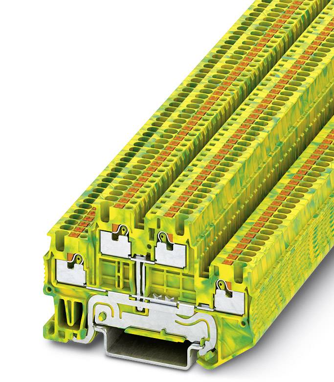 Žltá radová svorka so zeleným a červeným farebným vzorom, znázorňujúca elektrické prípojky a upevňovacie prvky pre zapojenie v rozvádzačoch.