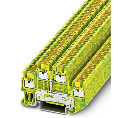 Žltá radová svorka so zeleným a červeným farebným vzorom, znázorňujúca elektrické prípojky a upevňovacie prvky pre zapojenie v rozvádzačoch.