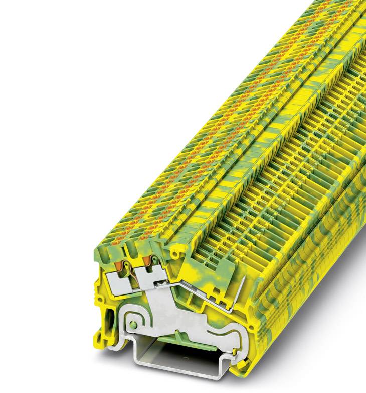 Žlto-zelený, obdĺžnikový elektrický modul svorkovnice s viacerými pripojovacími bodmi a vnútorným kovovým rámom.