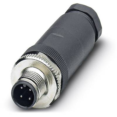 Čierny cylindrický konektor s kovovým krúžkom a viacerými elektrickými kontaktmi, zobrazený na bielom pozadí.