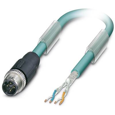 Zeleno-modrý ethernetový kábel s odkrytými koncami drôtov a kovovým konektorom. Používa sa na sieťové prepojenie.