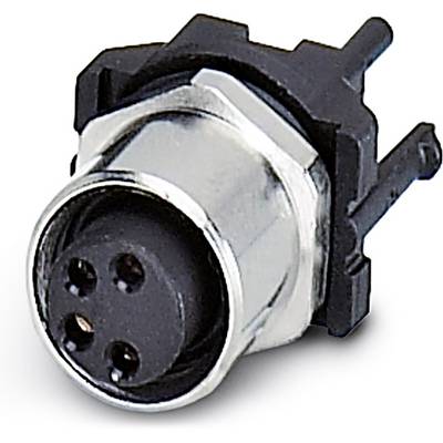 Čierny, guľatý elektrický konektor so štyrmi kovovými kontaktmi, namontovaný v striebornom kovovom puzdre.