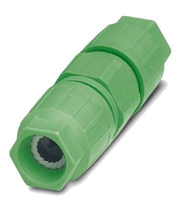 Zelený kábový konektor s vrúbkovaným púzdrom, vhodný pre elektrické prepojenia.
