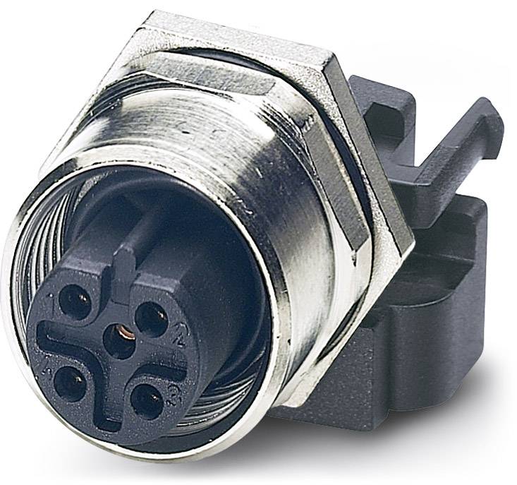 Guľatý elektrický konektor s piatimi kontaktmi a kovovým krytom. Ideálny pre priemyselné aplikácie.