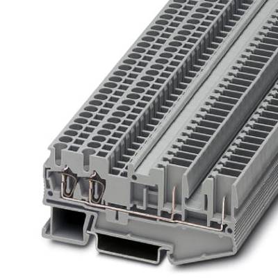 Sivý, obdĺžnikový elektronický konektor s viacerými prípojkami a štrbinami, určený pre priemyselné použitie.