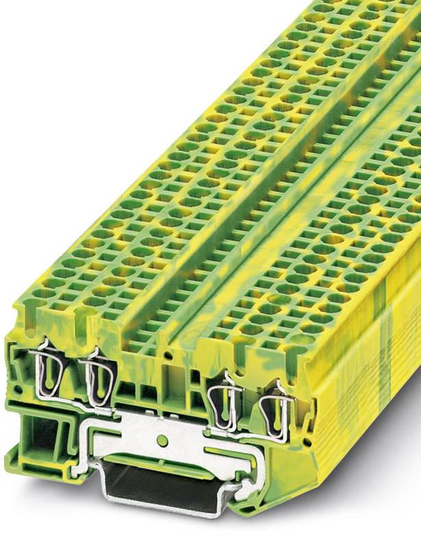 Viacúrovňová žlto-zelená radová svorkovnica na jednoduché inštalovanie do rozvádzačov, vhodná pre efektívne elektrické zapojenie.