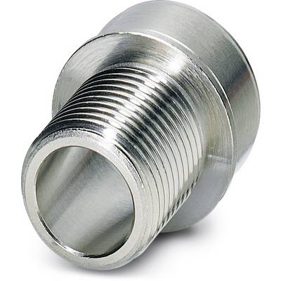 Strieborná kovová rúrková alebo spojovacie súčiastka so závitom, ktorá sa používa v hydraulických alebo pneumatických systémoch.