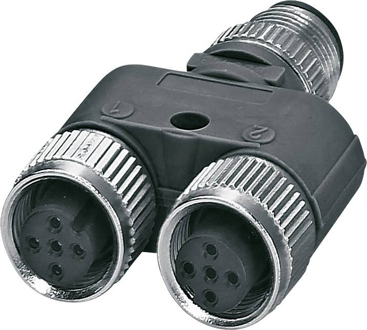 Y-tvarový elektronický konektor s tromi okrúhlymi prípojkami, označenými číslami 1 a 2. Konektory majú kovové závity.