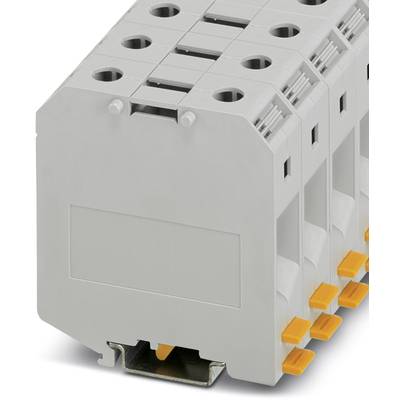 Šedo-oranžový priemyselný elektronický komponent s viacerými prípojkami, stohovateľný. Primárne používaný na elektrické prepojenia.