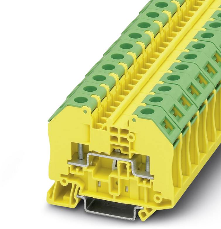 Žltý a zelený, modulárny radový svorkovnicový blok s viacerými možnosťami pripojenia. Často používaný v elektrických rozvádzačoch.