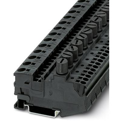 Čierny elektrický radový svorkovnicový blok s viacerými pripojovacími miestami, vhodný pre priemyselné aplikácie. Séria začína vľavo.