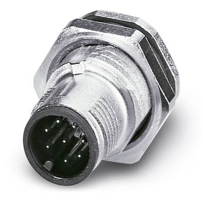 Strieborný, valcovitý kovový konektor s viacerými kolíkmi, vhodný na priemyselné alebo elektronické prepojenie.
