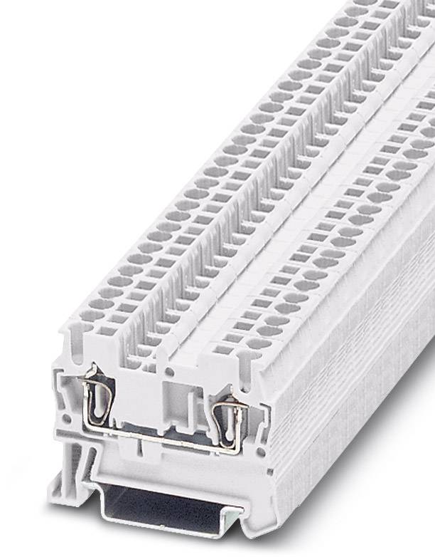 Biely elektrický radový svorkovnicový blok z plastu s kovovými kontaktmi, vhodný pre priemyselné elektroinštalácie.