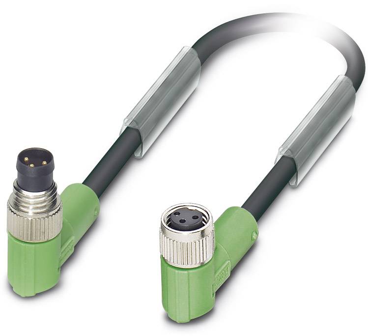 Zelený, lomený M8/M12 kábel so zástrčkovými konektormi, vhodný pre priemyselné aplikácie, určený na prenos elektrickej energie alebo dát.