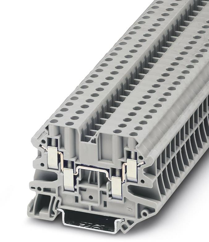 Sivý elektrický radový svorkovnicový blok s viacerými možnosťami pripojenia, používaný v elektrických rozvádzačoch na organizáciu zapojenia.