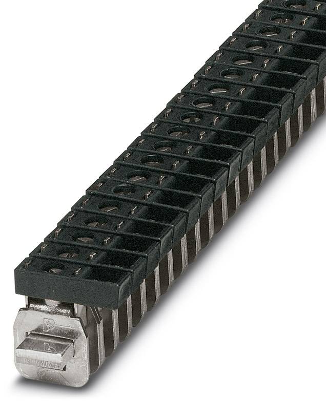 Čierna konektorová lišta s kovovým kontaktom, vhodná pre prepájanie elektrických obvodov.