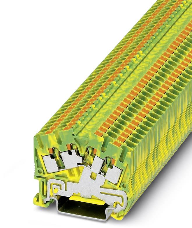 Radová svorka v žlto-zelenej farbe s viacerými pripojeniami, slúži na elektrické prepojenie v rozvádzačoch.